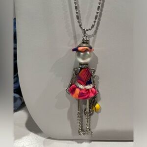 Vintage statement Necklace- silver toned with‎ tennis player pendant